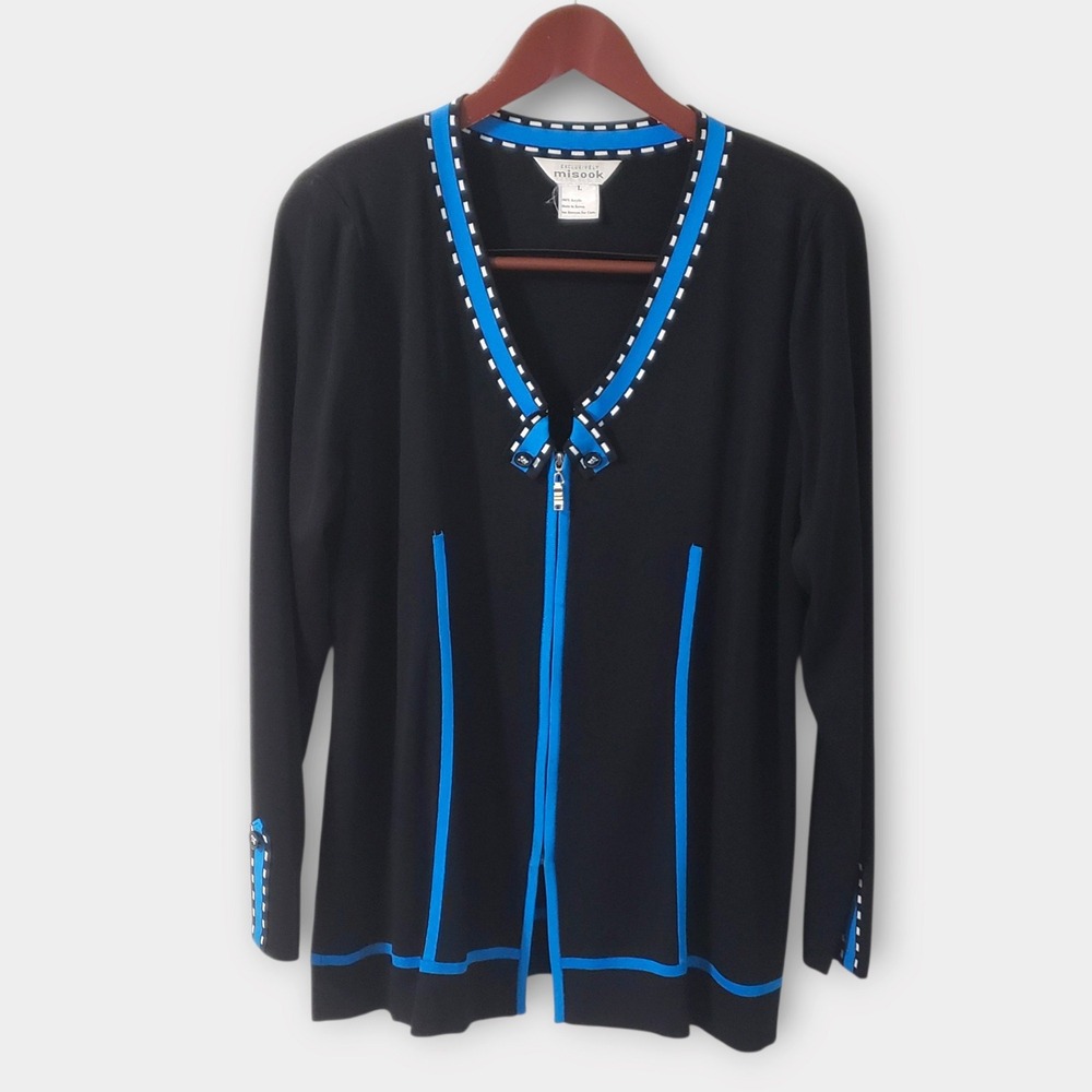 Exclusively Misook Womens Knit Zip Front Cardigan Jacket Black Blue Trim Large